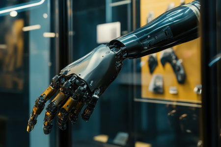 A prosthetic arm is showcased in action, demonstrating advanced features and modern design at a technology exhibition.の素材