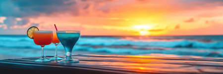 Colorful cocktails sit on a wooden table as the sun sets over a tropical beach, promising a perfect evening by the ocean.の素材