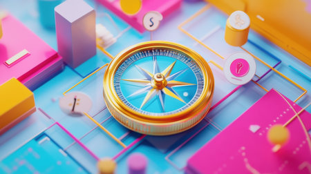 A colorful map showcases a compass directing shoppers to find the best deals in a store, highlighting various discount icons and paths.の素材