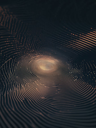 A detailed digital fingerprint graphic showing swirling patterns with a focus point in the center, providing ample room for text or design.の素材