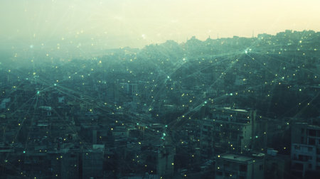 A vibrant cityscape is enhanced by a digital neural network, representing artificial intelligence integration into daily urban activities.の素材