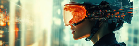 Person in a safety helmet and goggles stands in an urban environment surrounded by abstract digital visuals, emphasizing innovation.の素材