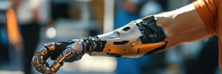 A prosthetic arm displays its advanced features in action, allowing seamless interaction with various objects in a lively environment.の素材