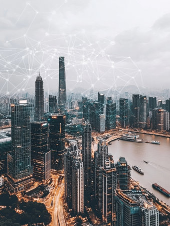 Skyscrapers fill the skyline with a digital neural network overlay, showing the fusion of technology and urban living during cloudy weather.の素材