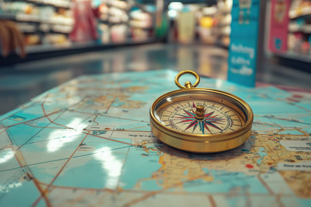 A compass rests on a detailed map highlighting excellent store deals, guiding shoppers through aisle choices and savings options.の素材