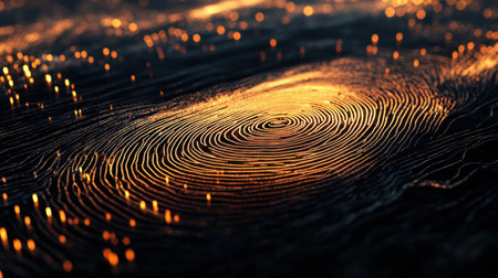 A detailed graphic of a digital fingerprint presents swirling lines and glowing effects, offering ample space for branding and messaging.の素材