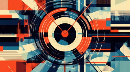 Colorful geometric shapes converge in a striking circular pattern, creating a lively abstract composition with vibrant hues and lines.の素材