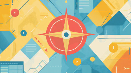 A vibrant compass and map direct shoppers to the best deals during a bustling weekend sales event in a lively retail setting.の素材