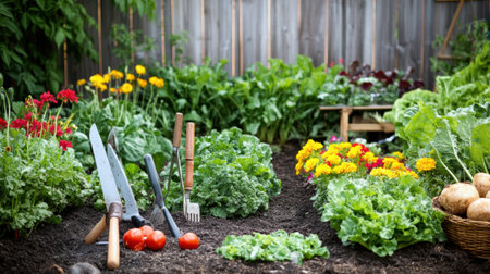 Garden tools lie among vibrant flowers and rows of healthy vegetables in a backyard filled with life and color during a sunny day.の素材
