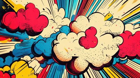 Colorful clouds and dynamic lines create an energetic explosion in a comic art style, showing vivid red, blue, and yellow hues.の素材