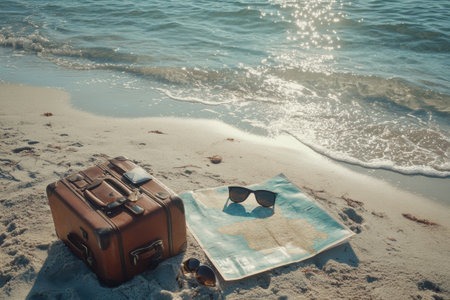 A sandy beach with sparkling water features luggage, sunglasses, and a map, perfect for planning an exciting coastal adventure.の素材