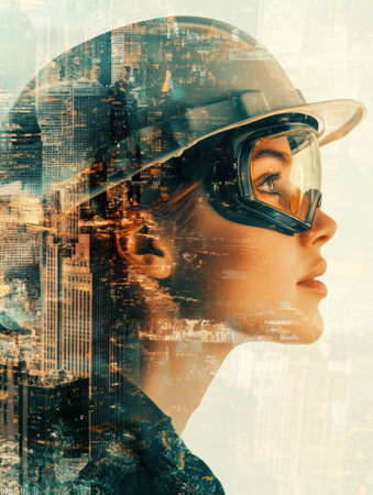 A person wearing a safety helmet and goggles gazes towards an abstract city skyline, showcasing focus and readiness in urban construction.の素材