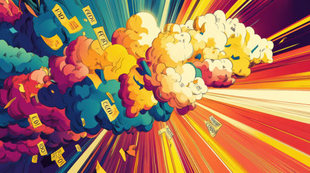 Colorful clouds and dynamic lines explode outward, with floating currency symbols giving a sense of energy and movement in an abstract design.の素材