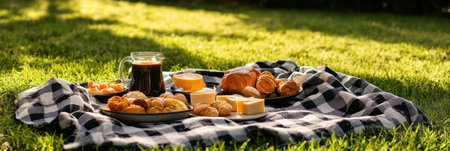 Enjoy a picnic on the lush grass with a breakfast spread of fresh pastries, cheese, and coffee under the warm sun, perfect for relaxation.の素材