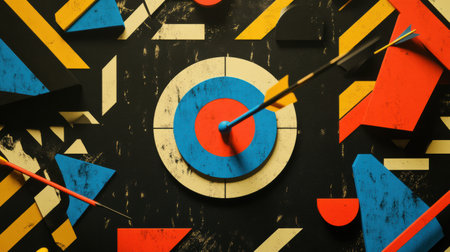 Arrows hit a vibrant circular target surrounded by geometric shapes, showcasing an engaging atmosphere for archery practice.の素材