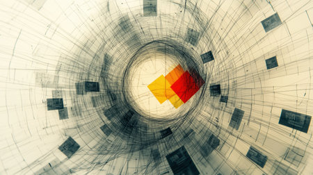 Bright shapes swirl in a dynamic vortex, creating an abstract composition with striking contrasts and intricate lines.の素材