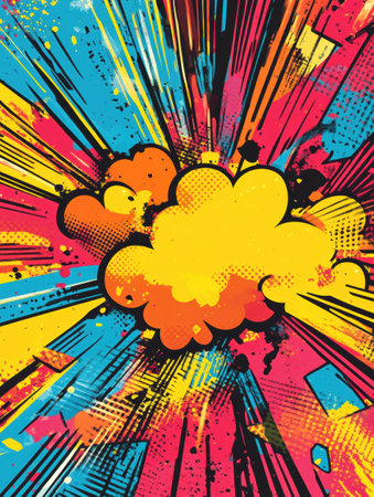 Vibrant explosion graphic featuring bursts of color and splashes, evoking energy and excitement in a comic book style.の素材