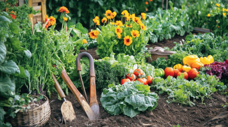 Flourishing garden shows lush greens, bright flowers, and freshly harvested vegetables alongside gardening tools waiting to be used.の素材