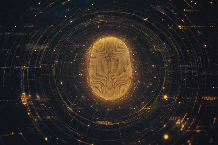 A detailed digital fingerprint created with glowing lines and patterns, representing security and technology, ideal for diverse applications.の素材