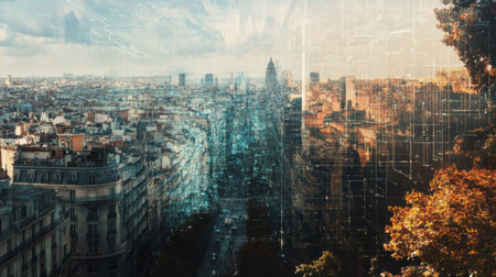 A dynamic cityscape reveals integration of advanced neural networks symbolizing the merging of urban life and artificial intelligence.の素材