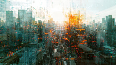 A vibrant city skyline merges with digital neural network patterns, illustrating the fusion of technology and urban life as day transitions to night.の素材