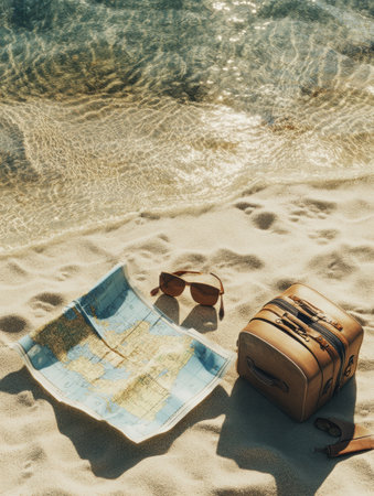 Sandy beach with clear water in the background, featuring a travel map, sunglasses, and a suitcase ready for adventure in the sun.の素材