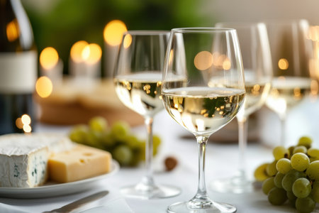 White tablecloth laid with wine glasses, a cheese platter, and grapes creates an inviting atmosphere for a social gatheringの素材