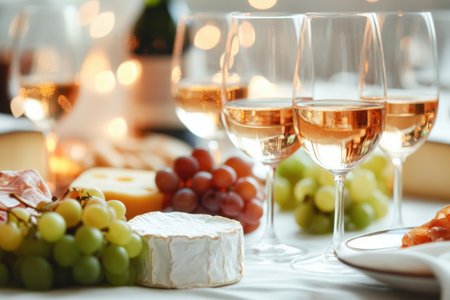 A lovely table with a white cloth, wine glasses, a cheese platter, and grapesの素材
