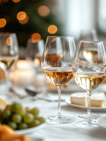 A beautifully arranged table features a white tablecloth, wine glasses, a cheese platter, and grapes, perfect for a celebration.の素材
