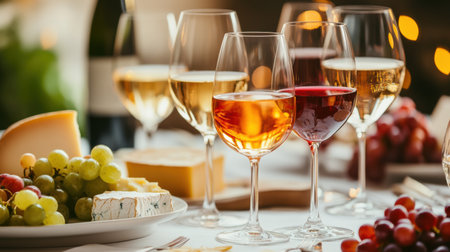 A beautifully arranged table features a white tablecloth with various wine glasses, a cheese platter, and fresh grapes, inviting guests to enjoy.の素材