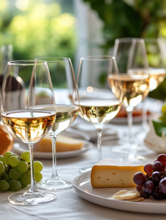 A beautifully arranged table showcases an array of wine glasses, a cheese platter, and vibrant grapes, ideal for an afternoon gathering.の素材
