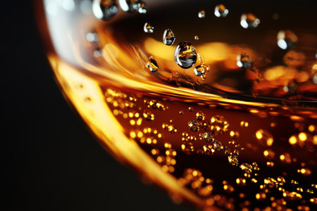 View of a sparkling golden beverage in a glass, with bubbles ascending and a captivating light effect in a dark background.の素材