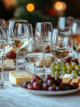 A beautifully arranged table exhibits various wine glasses alongside a cheese platter and vibrant grapes in a cozy setting.の素材