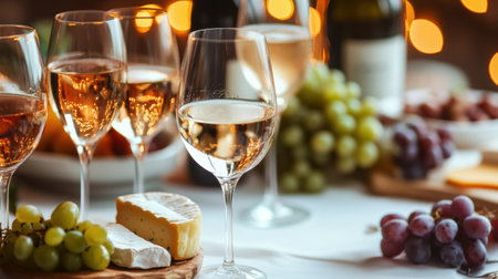 Set against a soft backdrop, a table features various wine glasses, a cheese platter, and grapes, perfect for a social occasion.の素材