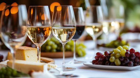 Delicious cheeses and fresh grapes arranged on a table set with wine glasses, creating a warm atmosphere for a friendly gathering.の素材