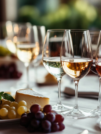 Beautifully arranged table features wine glasses, a cheese platter, and fresh grapes, perfect for an evening gathering with friends.の素材