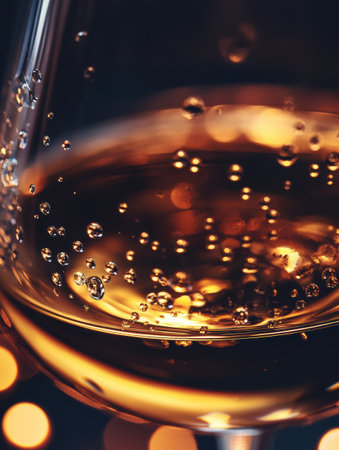Golden bubbles float in a glass of sparkling beverage, capturing warm light in a cozy setting during a night celebration.の素材