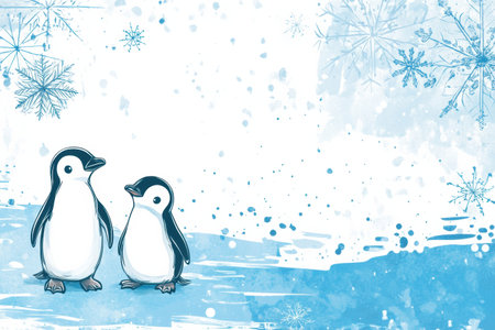 Two charming penguins stand together in a snowy landscape filled with playful snowflakes, celebrating the joy of winter.の素材