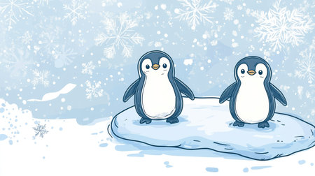 Two adorable penguins stand on an ice patch while snowflakes gently fall around them, creating a charming winter atmosphere.の素材