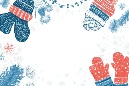 Cozy mittens rise from a snowy background, surrounded by delicate snowflakes and winter foliage, creating a joyful winter atmosphere.の素材