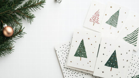 Colorful Christmas cards showcasing hand drawn trees and festive patterns are arranged on a white surface with evergreen branches.の素材