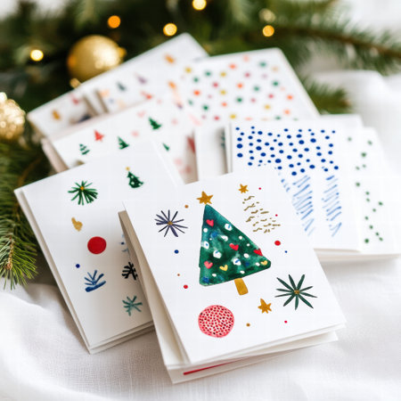 A beautiful assortment of handmade Christmas cards featuring colorful designs, carefully arranged on a soft surface with pine branches and lights.の素材