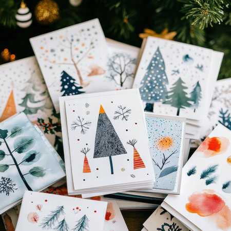 Various Christmas cards with unique illustrations are stacked together, showcasing trees, snowflakes, and holiday motifs against greenery.の素材