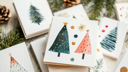 A collection of beautiful Christmas cards displaying various artistic trees and shimmering decorations ready for the holiday seasonの素材