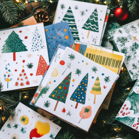 Festive Christmas cards featuring unique designs are spread across a bed of pine branches and ornaments, capturing the holiday spirit.の素材