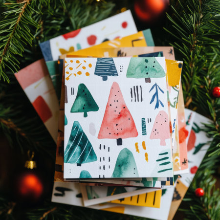 A collection of vibrant Christmas cards featuring playful trees rests atop each other against a backdrop of greenery and ornaments.の素材