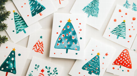 A collection of handmade Christmas cards with colorful tree designs displayed on a tabletop, inviting festive cheer and creativity.の素材