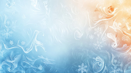 Delicate frost patterns cover the glass, showing the beauty of winter on a cold morning, blending blue and orange hues softly.の素材