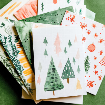 A collection of colorful Christmas cards showcasing artistic designs of trees and holiday elements, perfect for sending seasonal greetings.の素材