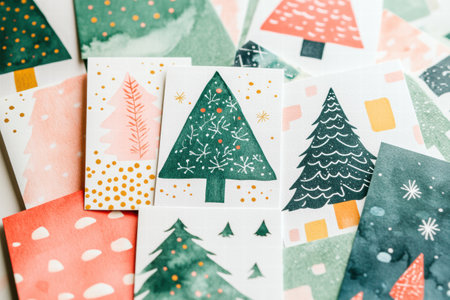 A charming assortment of Christmas cards showcasing unique tree illustrations in various colors, perfect for spreading holiday cheer.の素材